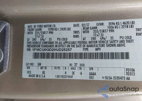 2017 Ford Escape Se from USA, damaged, VIN 1FMCU0GD2HUD25257